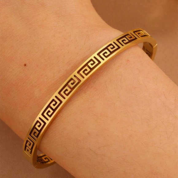 Gold Plated Stainless Steel Greek Key Bangle Bracelet Style Cuff - Picture 2 of 4